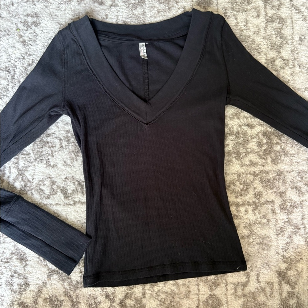 Free People Black Fitted Ribbed Long Sleeve top